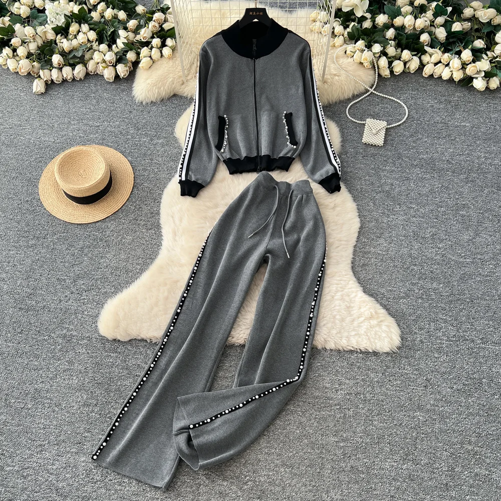 

Two Pieces Women Pant Sets Spliced Matching Set Stand Collar Coat Drawstring Waist Wide Leg Pant Loose Casual 2025 Spring Autumn