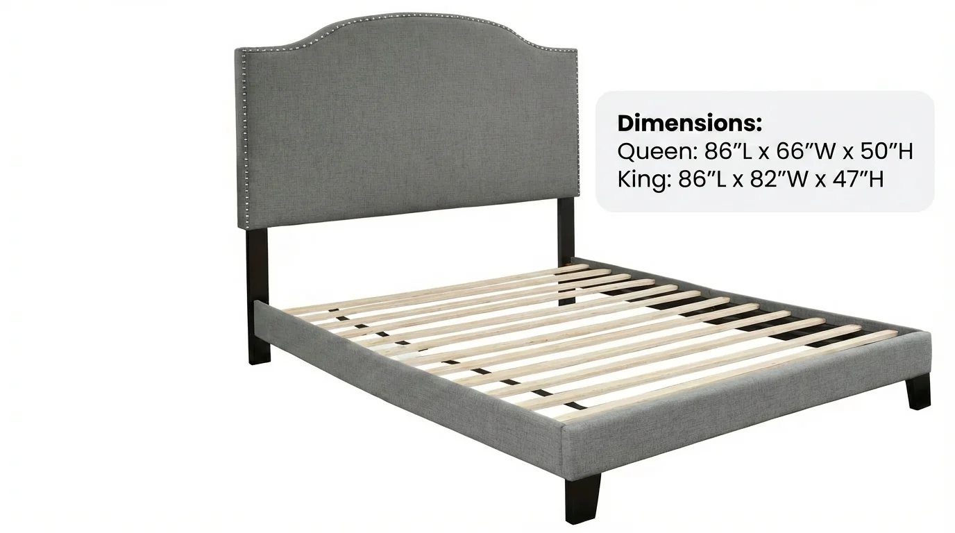 Modern Upholstered Platform Bed Frame with Linen Fiber Headboard, Padded Panel Headboard, Durable Wooden Slat Support System, No