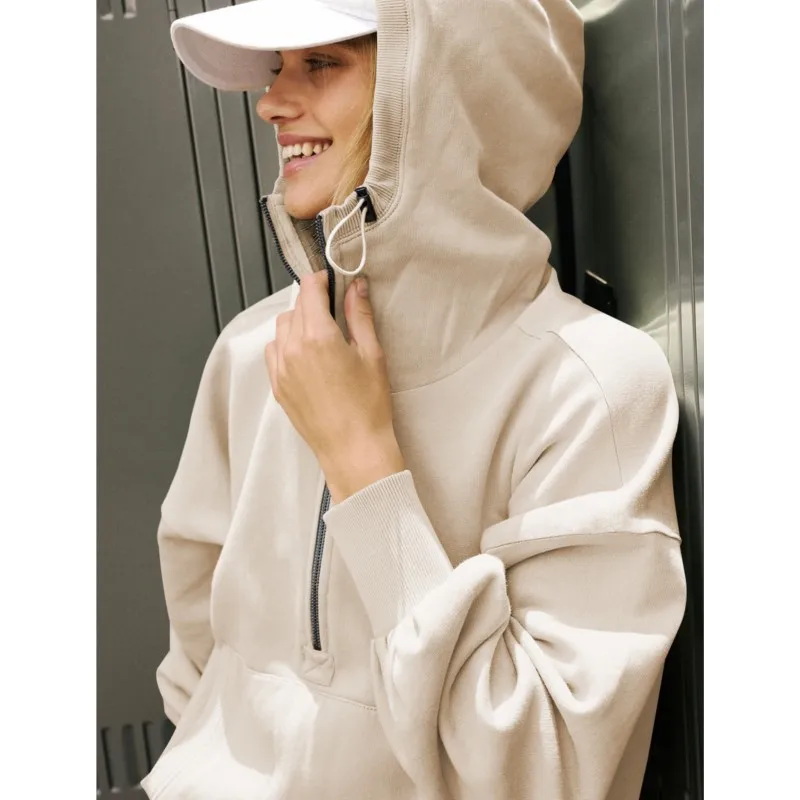 Sweat-shirt à capuche pour femmes, couleur Pure, grande poche, mode automne, ample, avec col semi-ouvert, fermeture éclair, hauts de jogging, vêtements de sport décontractés