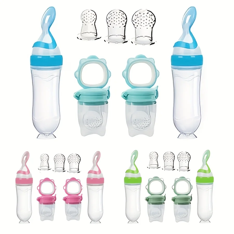 conjunto-de-alimentacao-para-bebes-2-mamadeiras-de-silicone-com-colher-para-cereal-de-arroz-2-alimentadores-de-frutas-e-vegetais-3-tamanhos-de-bicos-tudo-em-1-conjunto