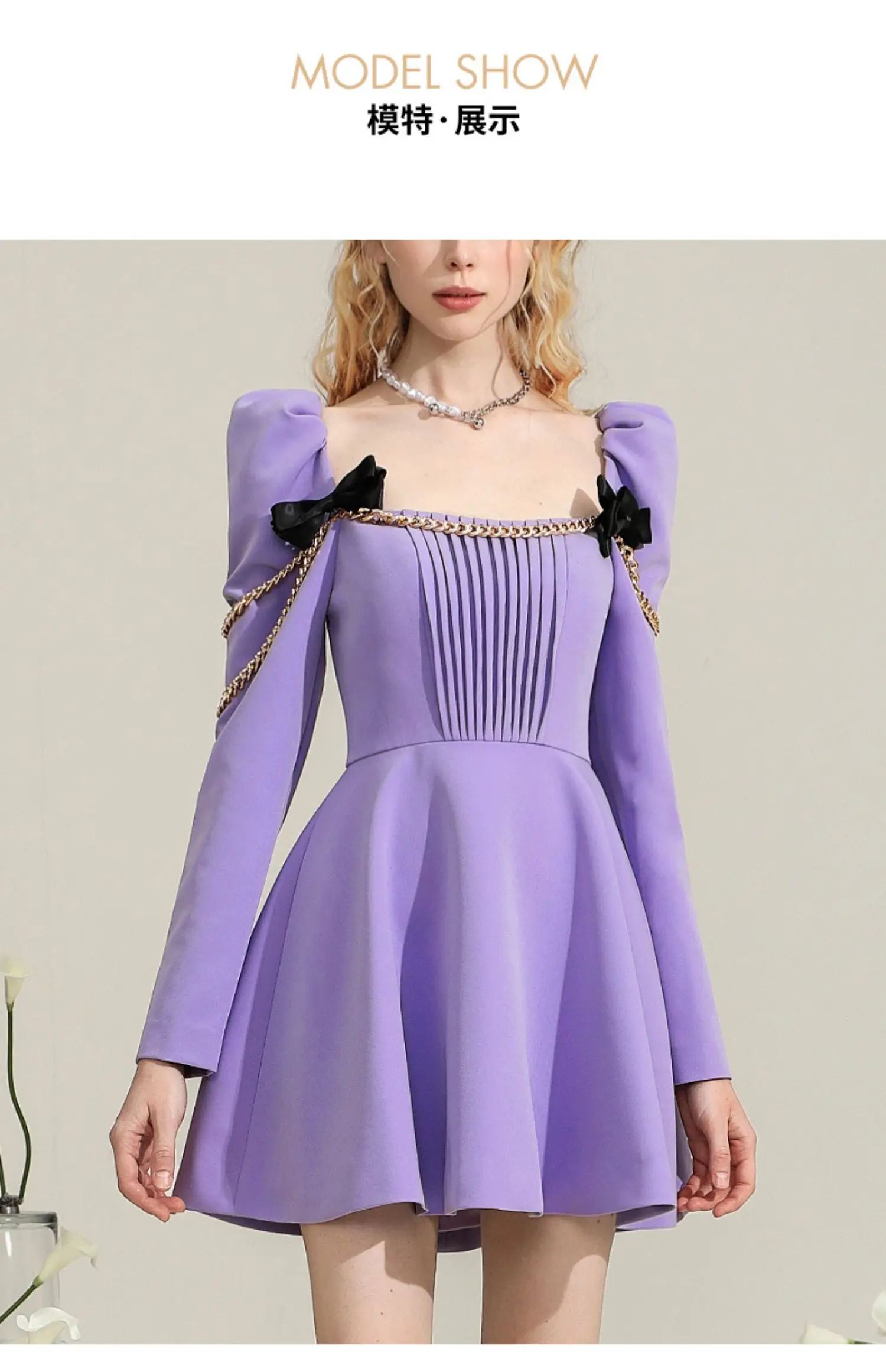 High-End Elegant Purple Dress for Women Dresses 2024 Spring and Summer Design Beautiful Girl Bow Chain Midi Dress Party Vestidos