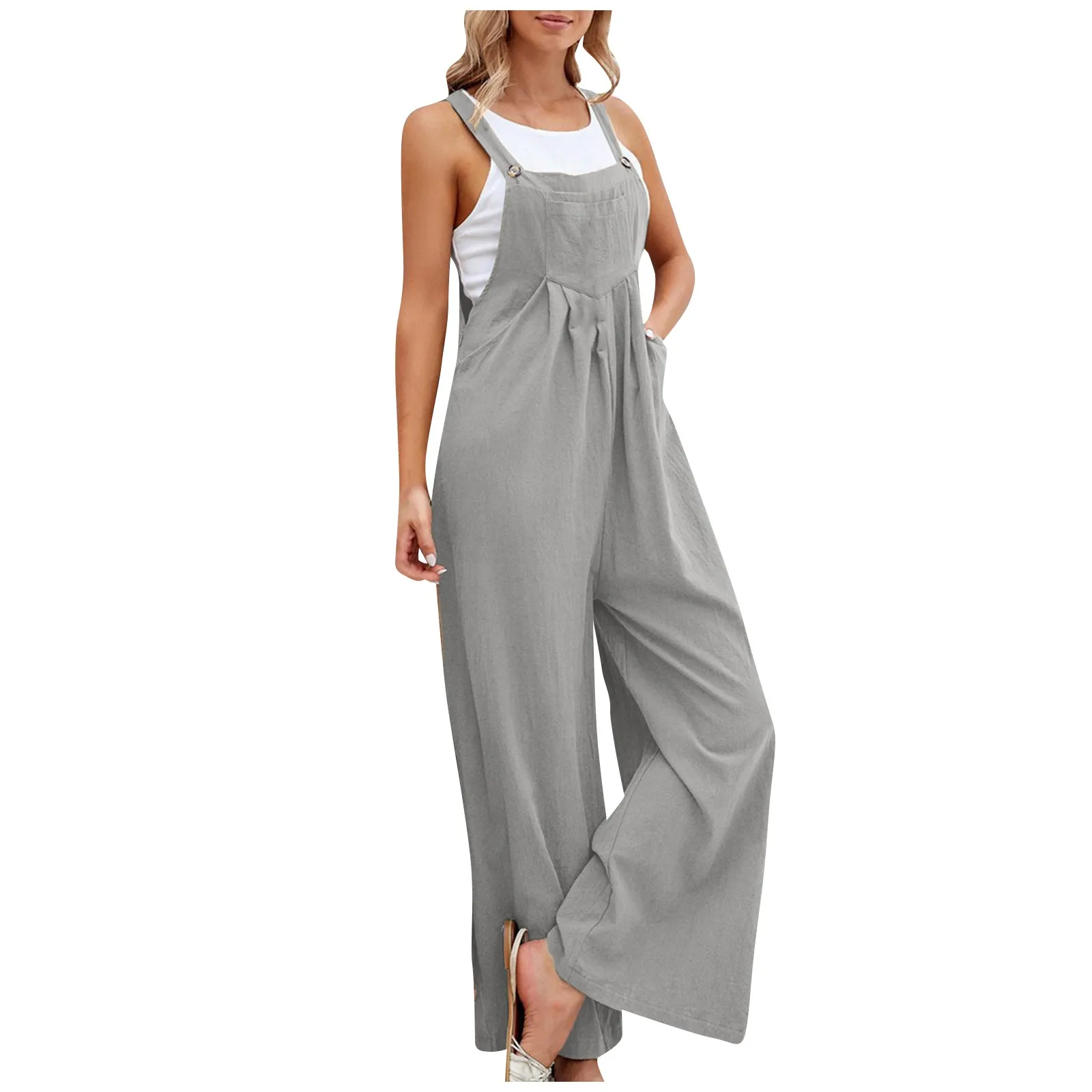 Zomer Retro Eendelige Lange Broek Dames Plus Size Jumpsuit Casual Losse Mouwloze Zakken Rompertjes Effen Kleur Rompertjes