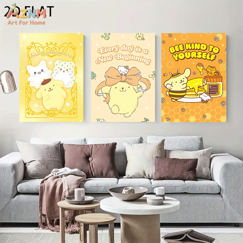AZNM Pompompurin Frameless Canvas Wall Art, Honey Bee Bow Positive Quote Cute Cartoon Poster, Kawaii 2D Flat Print for Home Bedr