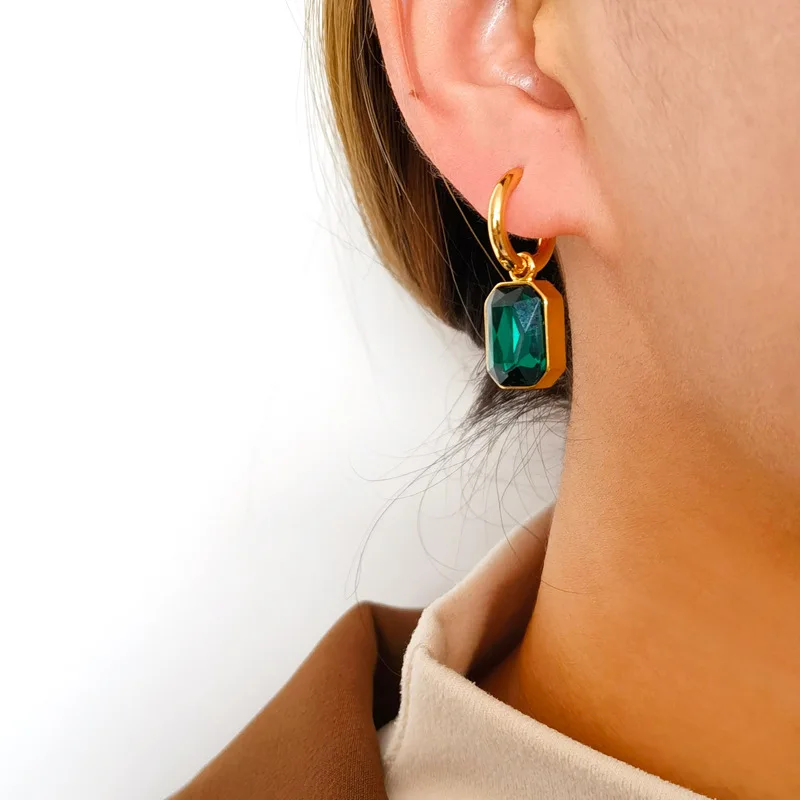 Stainless Steel Charm Trendy Gold Color Geometric Crystal Dangle Earrings for Women Retro Bride Hoop Emerald Jewelry Colorfast