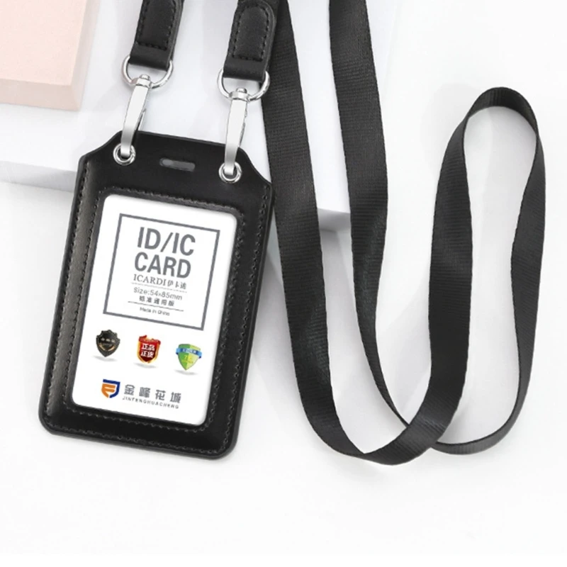 PU Leather Badge Card Holder Wallet with Cards Storage Neck Lanyard Strap