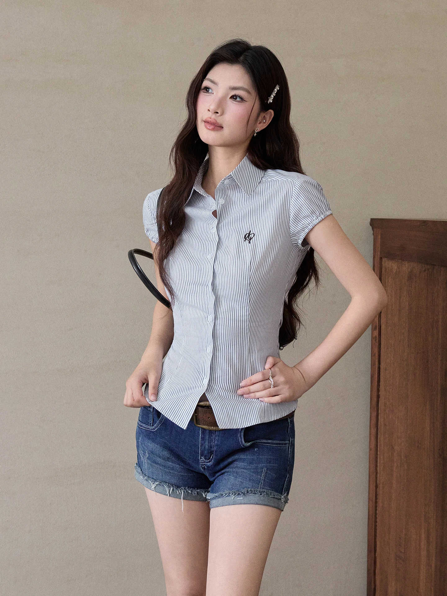 

Original American Retro Hot Girl Short Sleeve Shirt Women's Summer Slim Fit Shoulder Appropriate Top Breathable Skin-Friendly