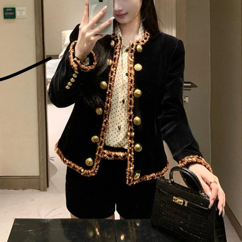 

2024 Newest Stylish Runway Designer Sequined Lion Chain Long Sleeve Jacket Women's Metal Double Breasted Tassel Tweed Overcoat