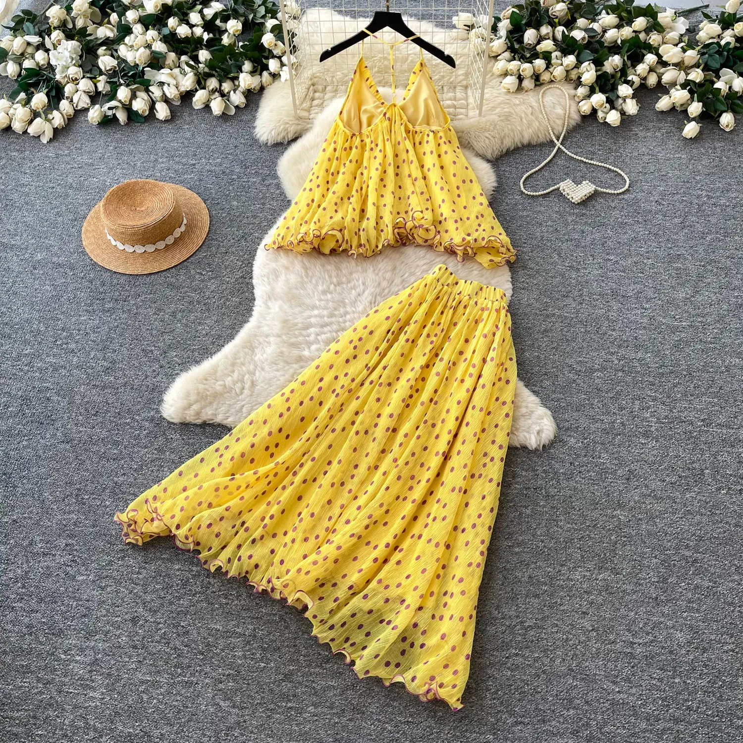 Yellow Ruffled Polka Dot French Beach Vacation Two Piece Set Women Cami Top Pleated Midi Skirt High Waist Slim Outfit