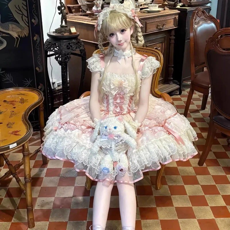 

Новинка: платье JSK в стиле Лолита, балетное, с кружевом и бантом, розово-белое, для дня рождения, вечеринки, фестиваля, подарок