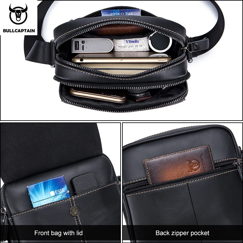 BULLCAPTAIN-Bolsa de ombro de couro para homens, pequenos sacos casuais, bolsa tiracolo multifuncional, marca, D07