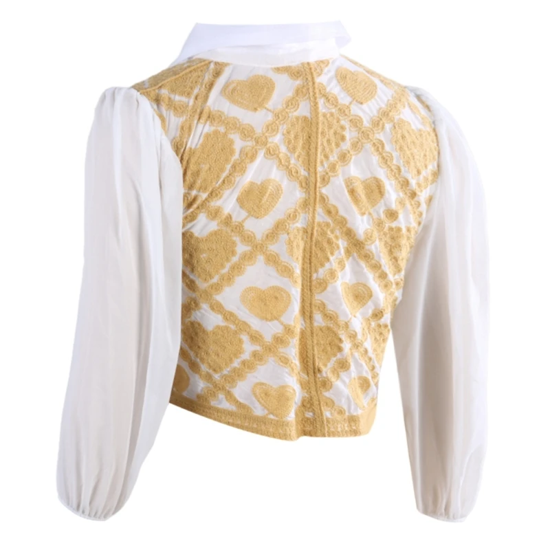 Women Crochet Heart Cardigans Puff Sleeve Lapel Button Up Loose Blouses N7YF