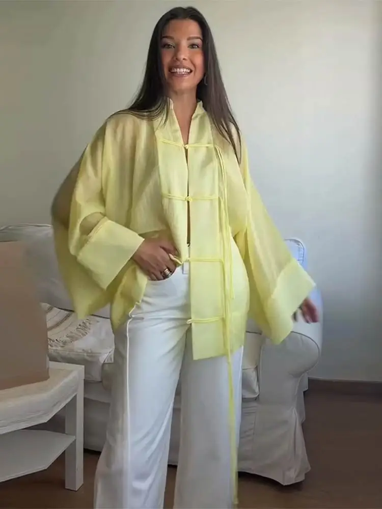 Chemisier décontracté pour femme, à simple boutonnage, manches longues, col en V, à lacets, coupe ample, couleur unie, style streetwear, été 2026
