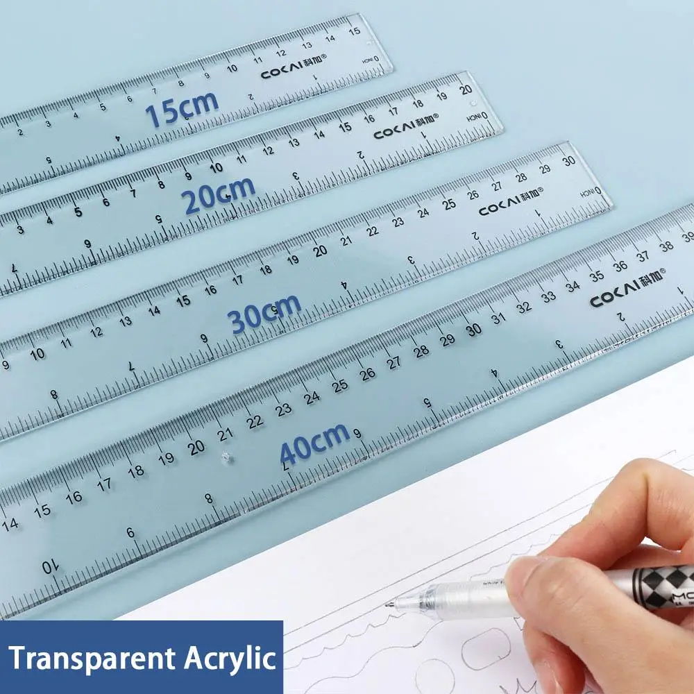 Drawing Tool 15cm 20cm 30cm 40cm Straight Ruler Plastic Transparent Measuring Ruler Multifunction Drawing Ruler Math