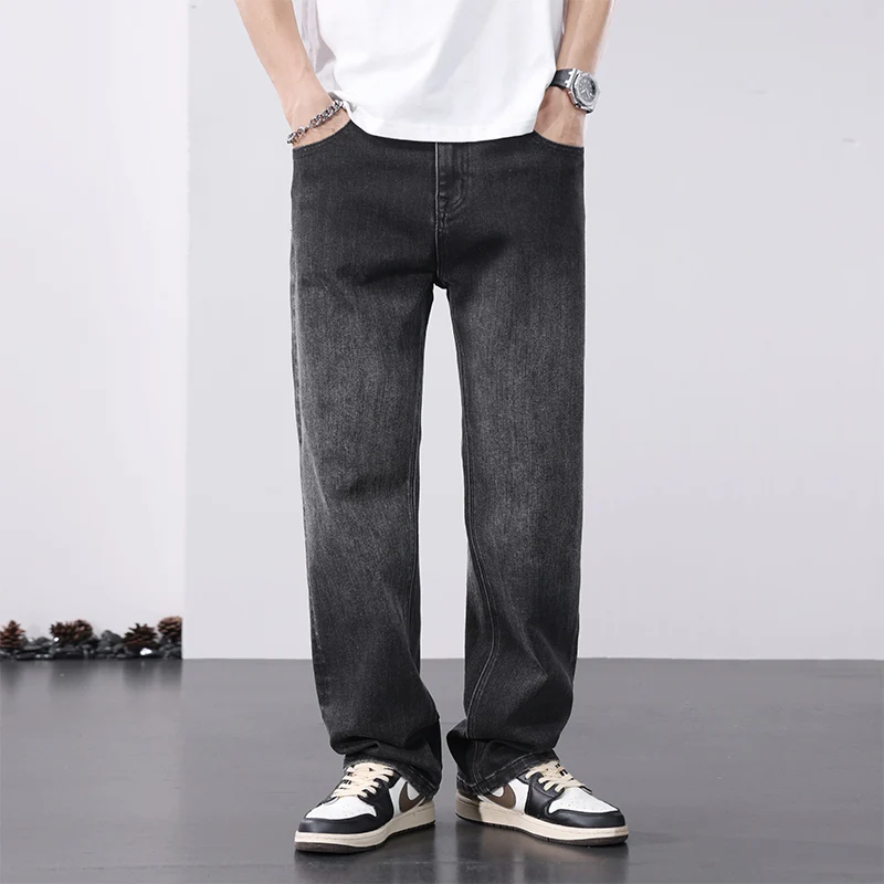 European and American retro spring/summer new black loose straight leg high street elastic denim pants wide leg jeans for men