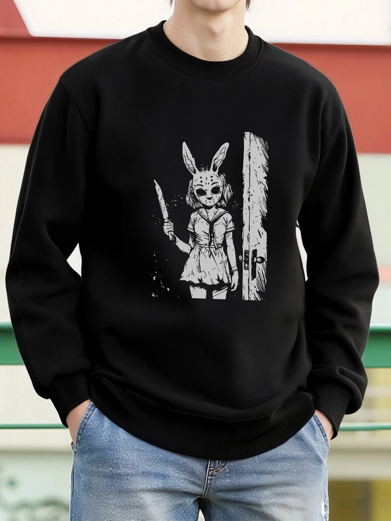 Winter Clothing English - เสื้อสเวตเชิ้ตพิมพ์ลายหน้ากากกระต่ายสำหรับผู้ชาย ฤดูใบไม้ร่วง ผ้าฟลีซ สตรีทแวร์ แฟชั่น คอกลม