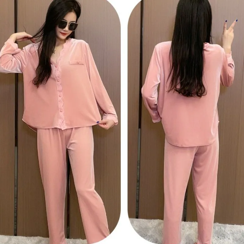 2024 New Pajamas Women Spring Autumn Loungewear Long-Sleeve Sleepwear Suit Winter V-neck Sexy Lace Ladies' Loose Homewear