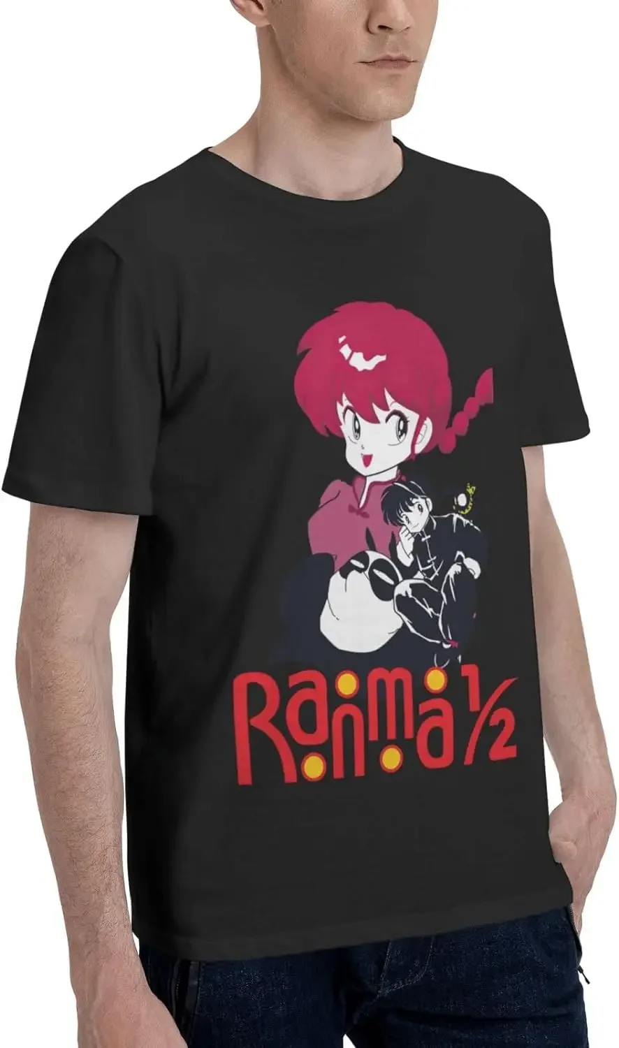 Anime Ranma ½ Shirt Cotton Crew Neck Fashion T-Shirt for Man Black