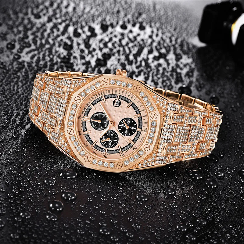 Men Genuine Brand Golden Luxury Watches Fashion Alloy Band Hip Hop Diamond Date Quartz Vintage Watch Montres de Marque de Luxe