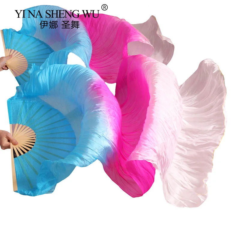 100% Real Silk Belly Dance Silk Fans Handmade Dyed Belly Dance Long Silk Fans 1 Pair Chinese Dance Fans Dance Performance Fans