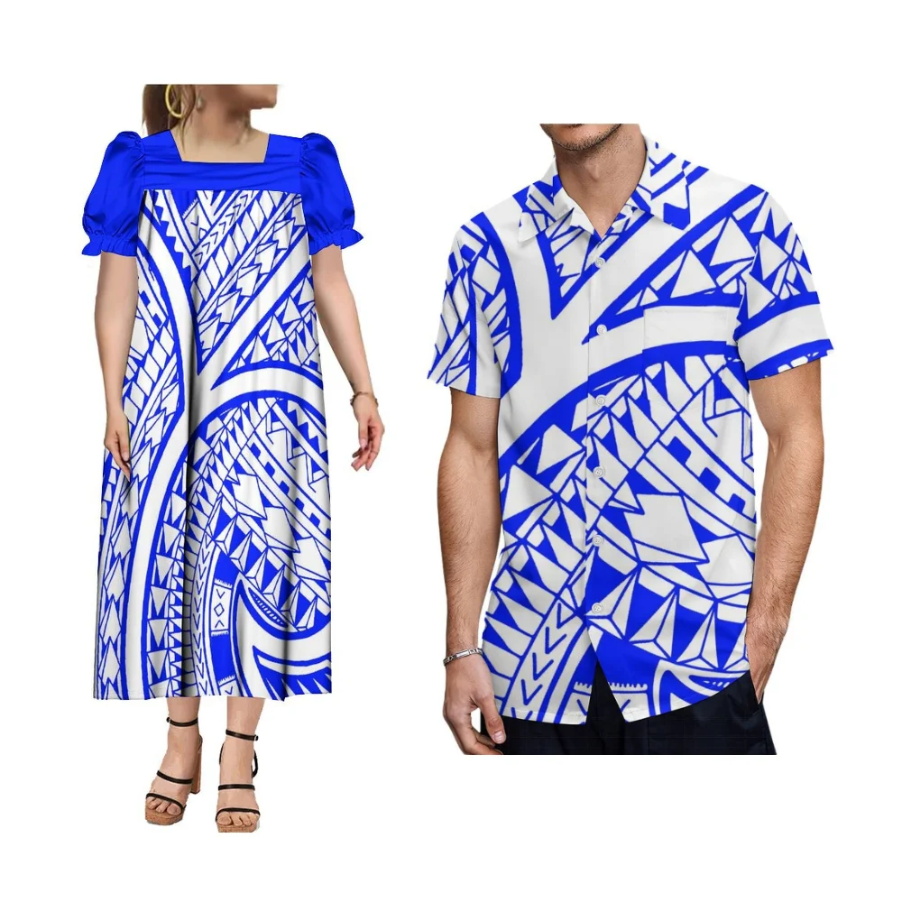 Micronesia ilha floral impressão mumu feminino pescoço quadrado vestido polinésia camisa masculina casal conjunto elegante vestido de noite para festa