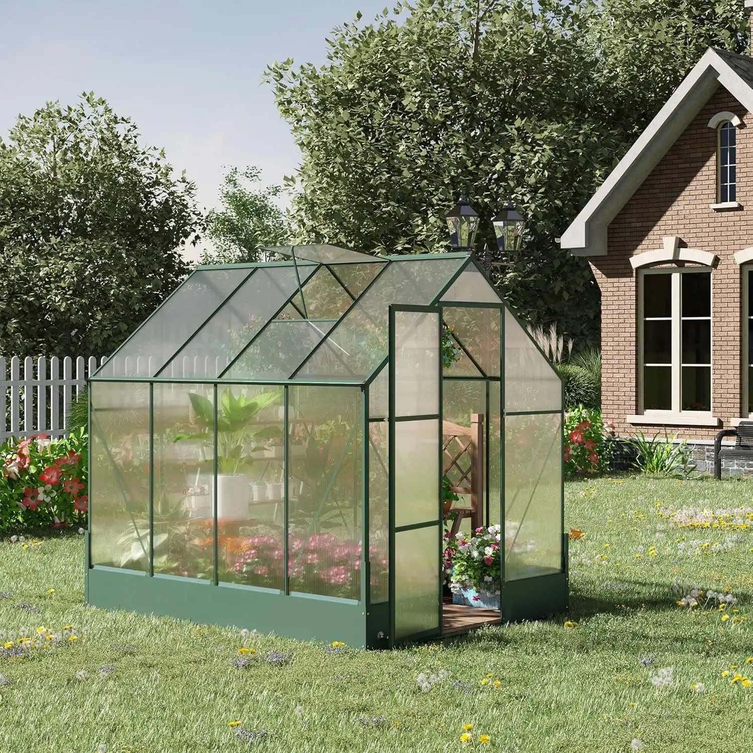 Outsunny 8' X 6' Greenhouse For Outdoors, Polycarbonate Greenhouse With Roof Vent And Rain Gutter, Aluminum Walk-In Green House