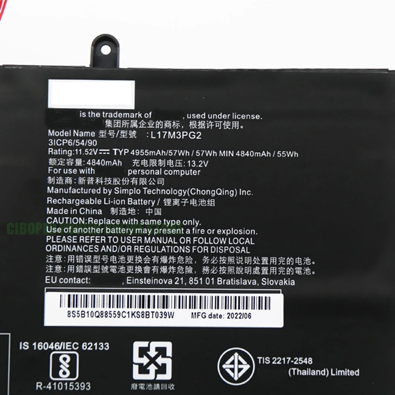 CP Genuine Laptop Battery L17M3PG2 11.52V/57Wh/4955mAh For Y730 Y740-15ICH Y740-15ICHg 5B10Q88560 L17C3PG2 5B10Q88557 5B10W67295