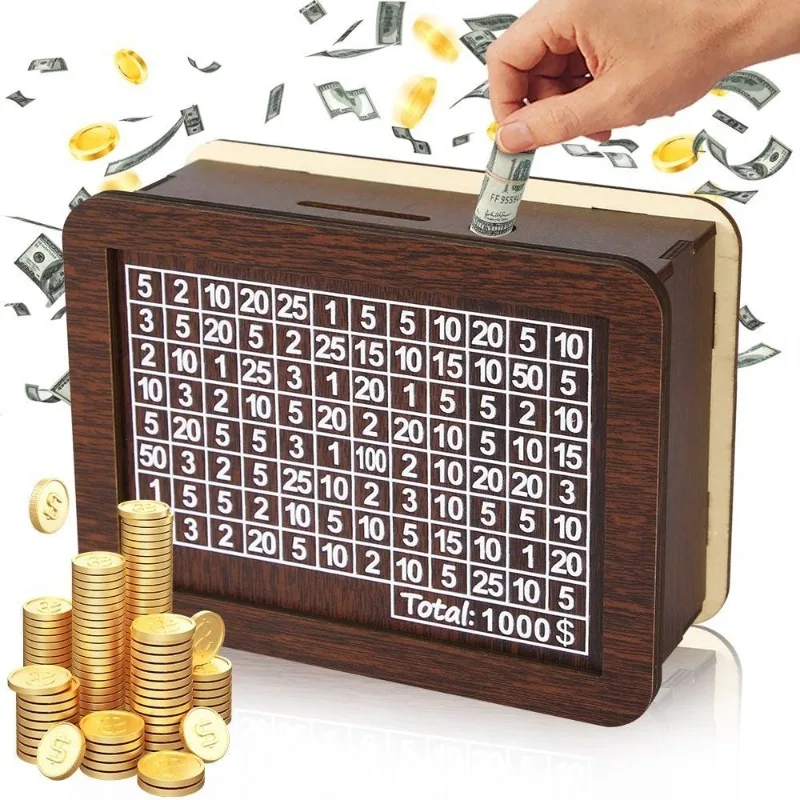 

1pcs Money Wood Box Piggy Bank Wood Bank Reusable Box with Saving Goal and Numbers Boxes Drawer