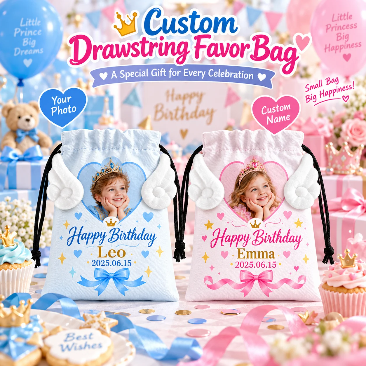 Custom Wing Drawstring Bag 18*13cm, Personalized Photo Name & Date Party Favor Pouch, Birthday Gift Candy Storage Sack