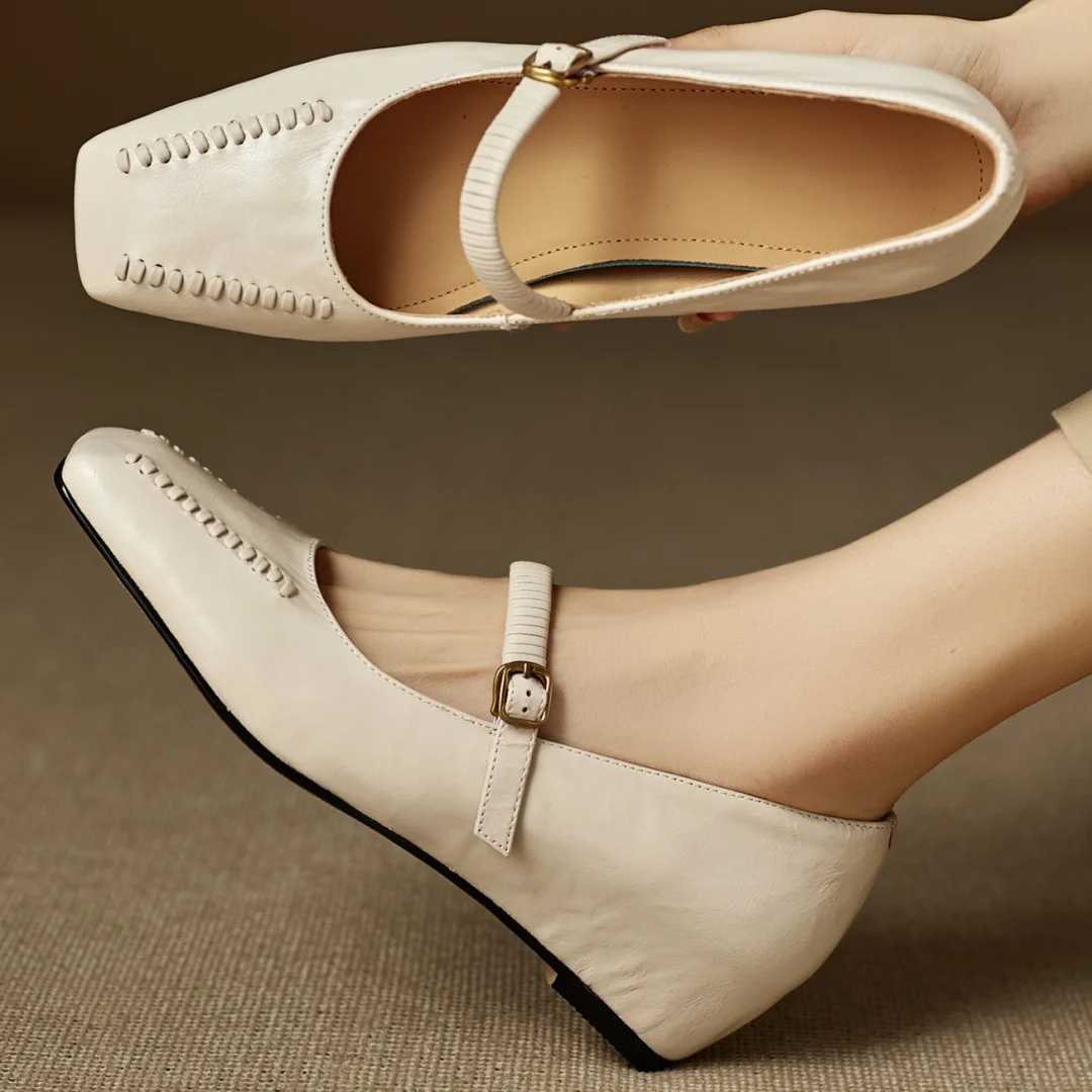 

Женские туфли-лодочки Мэри Джейн из овчины с квадратным носком и металлической пряжкой, повседневные женские туфли на танкетке Мэри Джейн на среднем каблуке 5 см, распродажа