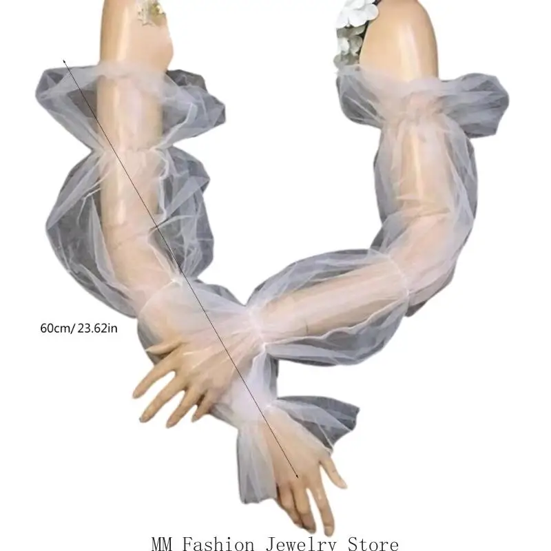 d0ub sheer ذراع الأكمام بدون إصبع قفازات طويلة tulle ذراع نفخة لفستان الزفاف