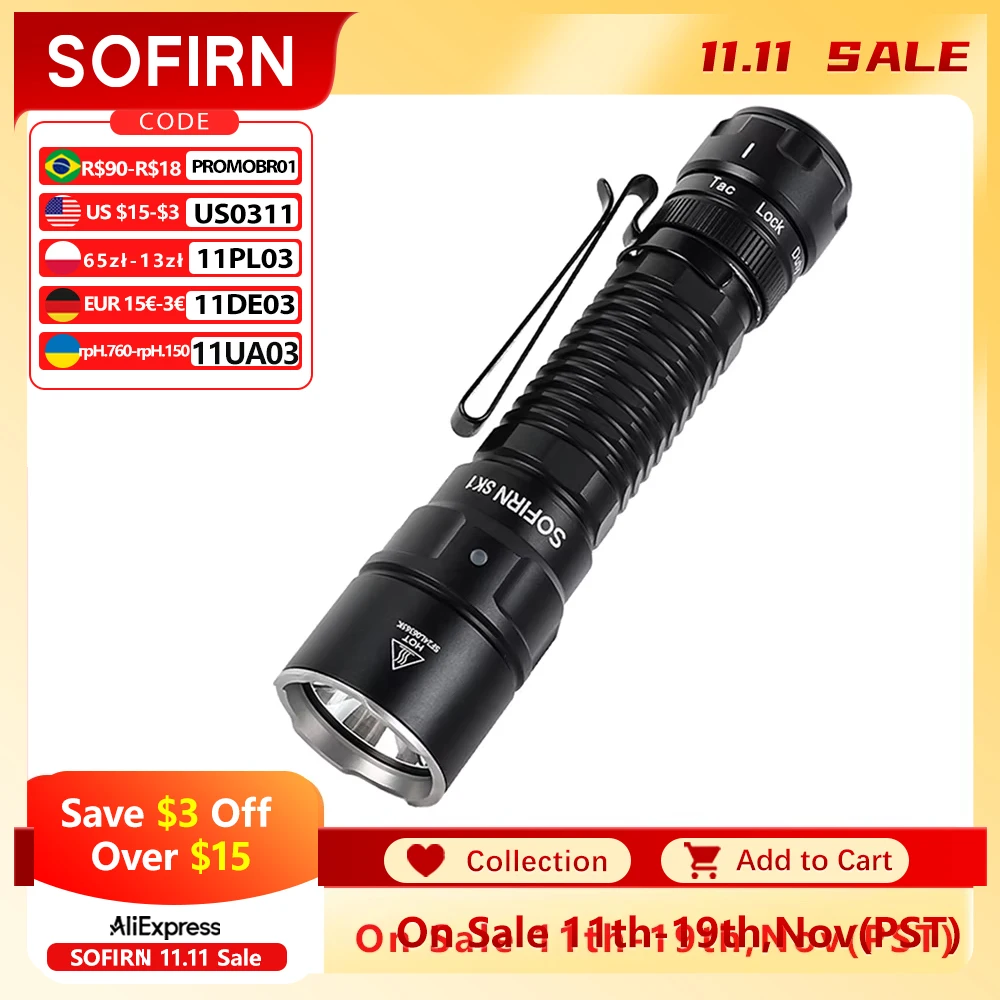 

Sofirn SK1 Tactical Flashlight 479m 1300LM EDC Rechargeable SFT25R LED Spotlight Torch with Tail Switch and Rotary Switch