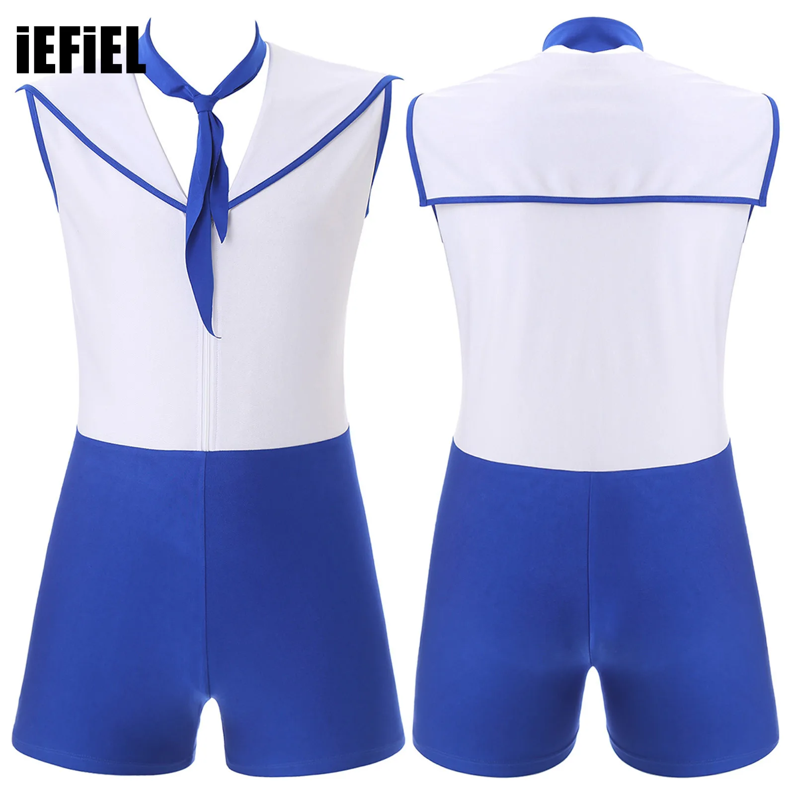 

Mens Halloween Sailor Romper Square Collar Sleeveless Front Zip-Up Jumpsuit with Tie Triangular Scarf Cosplay Costumes