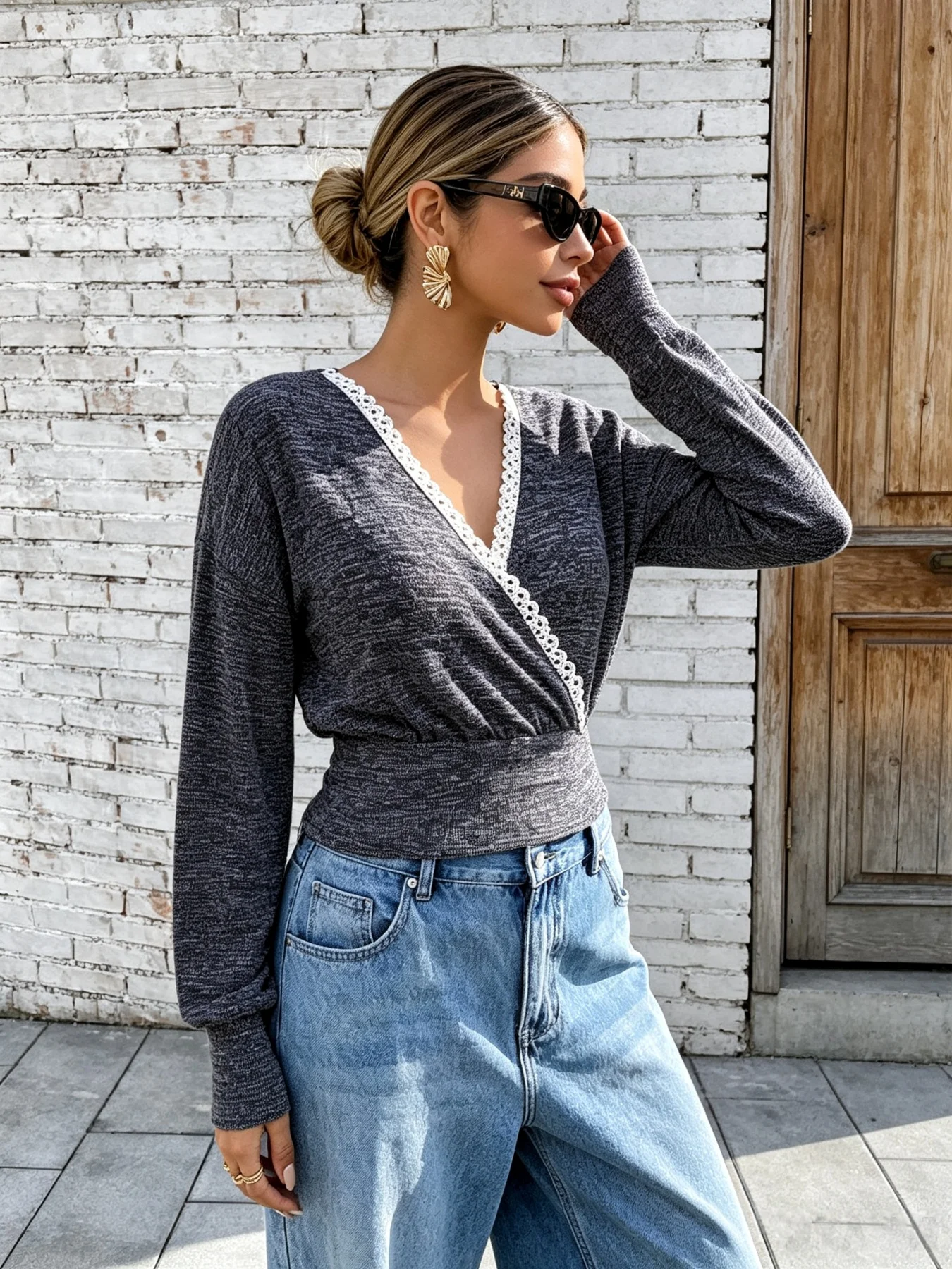 Women Lace Trim V Neck Wrap Long Sleeve Top Elastic Waist Cropped Shirt Casual Loose Fit Knit Blouse