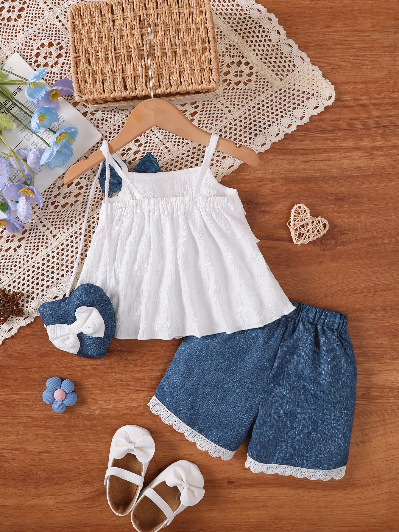 3PCS Fashion Summer White Lace Ruffle Tank Top for Preschool Girls+Imitation Cowboy with Bow Shorts+Small Bag Casual Set 0-2Y
