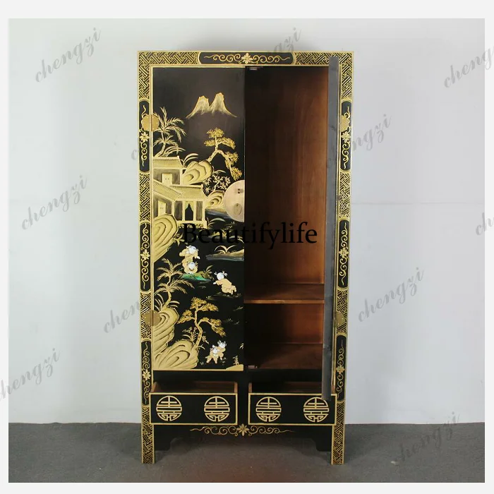 New Chinese hand-painted gold antique vertical wardrobe, two doors and two buckets, simple entrance decoration, vertical cabinet