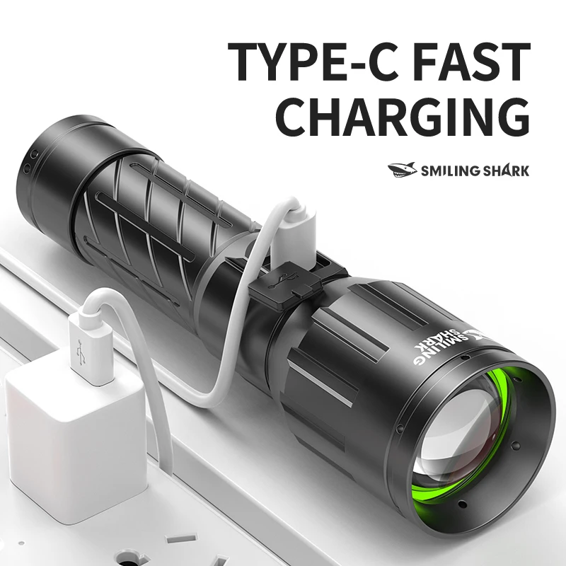 1pc sorridente tubarão SD-7015 lanterna led, lanterna portátil super brilhante, luz de flash de longa duração recarregável para ao ar livre