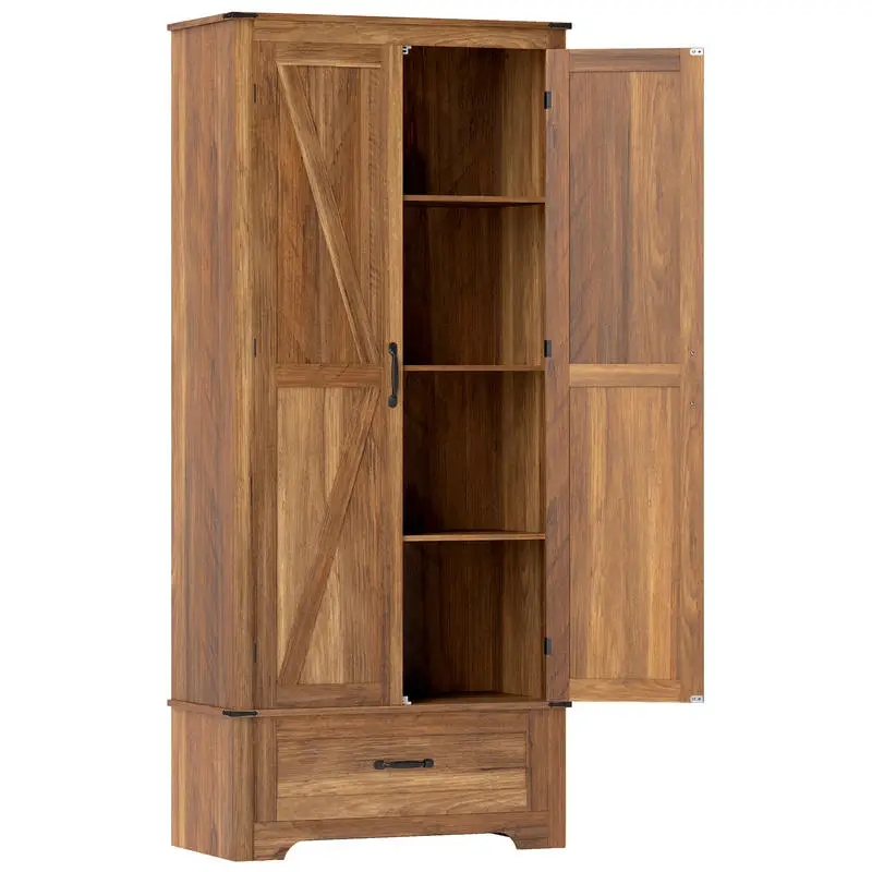 

72" Farmhouse Pantry Cabinet with Adjustable Shelves, Kitchen Pantry Cabinet with 2 Doors, Brown