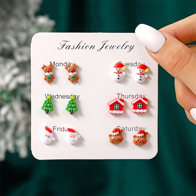 6 Pairs/Set Christmas Stud Earring For Women Cute Cartoon Resin Snowflake Santa Claus Elk Earrings Girl Party New Year Jewelry