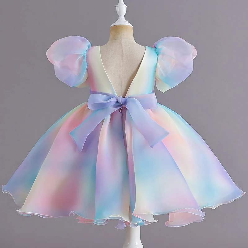 Children\'s colorful highlights dress dress mesh short puffed sleeves Princess style sweet evening dress performance # M137