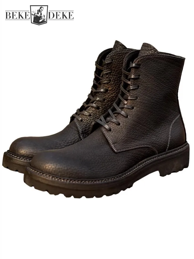 Handmade Men Lace Up High Top Moto Biker Ankle Boots Vintage Punk Style Short Boots Cowhide Genuine Leather Work Safety Shoes