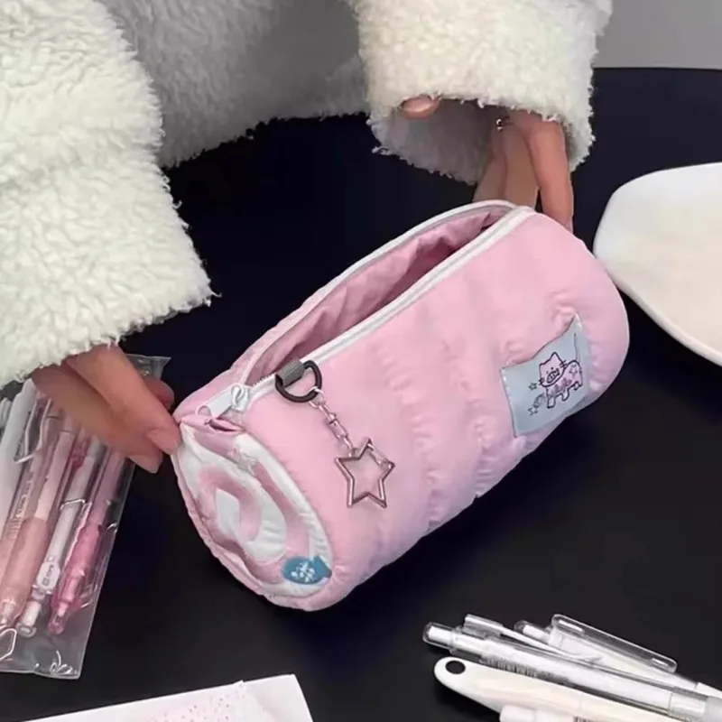 1 Pcs Popular Board Fish Cat Towel Embroidered with Cute High-value Pink Pencil Case Large Capacity Stationery Bag Storage Bag