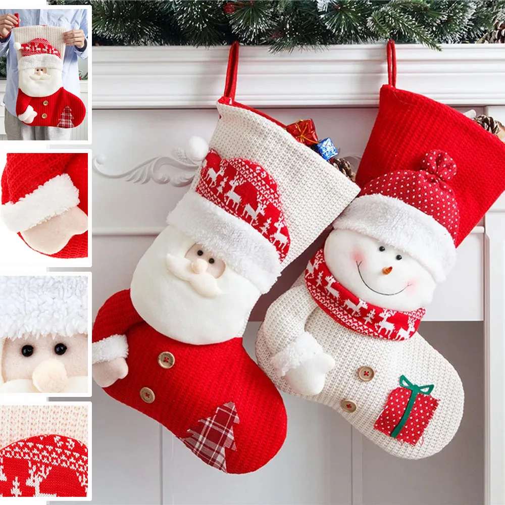 

1PC Large Red Christmas Decorations Knitted Three Dimensional Elderly Snowman Gift Bags Christmas Tree Decorated Candy Bags