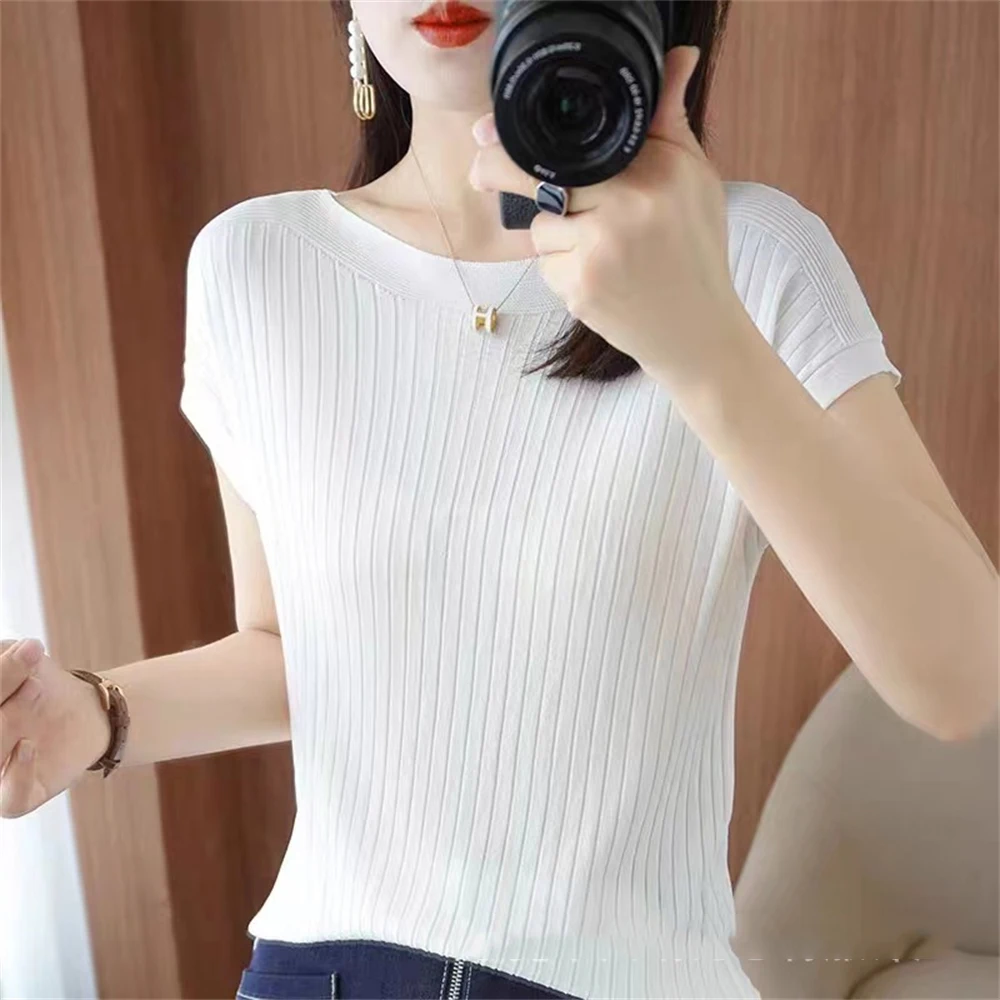 2024 New One Word Neck Ice Silk Knitted Short Sleeve Women's Summer Thin Wear Versatile T-shirt Top Loose Half Sleeve