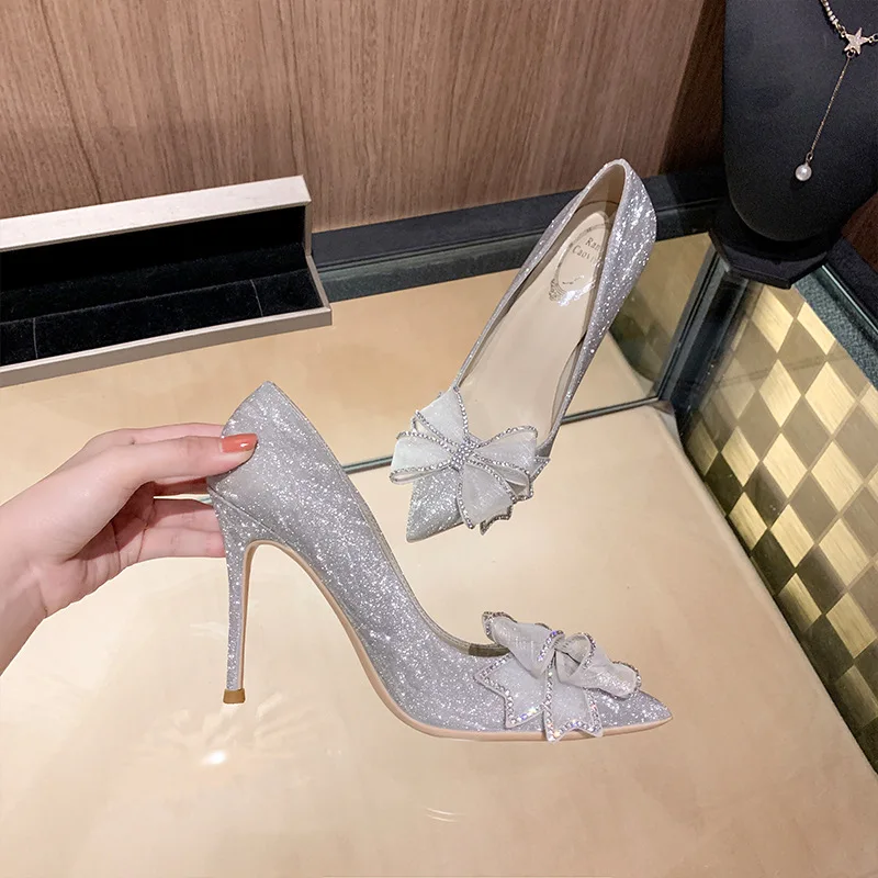 Heels Shoes Women Pumps Pointed Toe Bow Knot Slip On Wedding Sandals Fashion Thin High Heels Solid Bride Shoes 41 42 Sizes