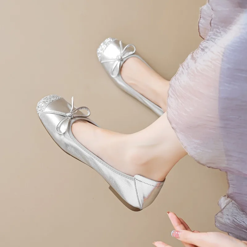 

Princess Style Flat Bottom Slip-On Ballet Shoes Butterfly Knot French Style Low Cut Single Shoes Spring Summer Autumn Seasona