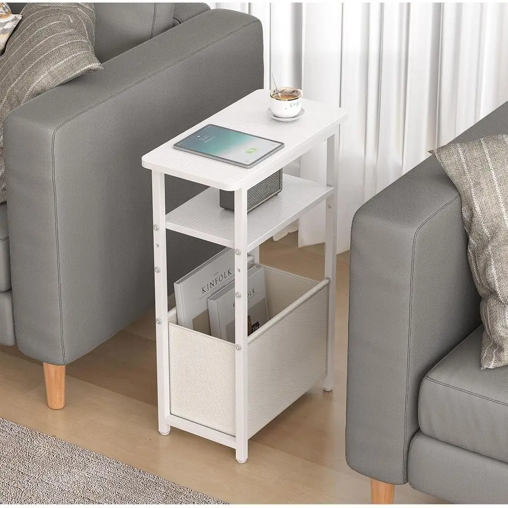 زوج من طاولات جانبية رفيعة مع سلال قماشية، أرفف مدمجة من طبقتين، طاولات ليلية بيضاء لغرفة المعيشة والمكتب