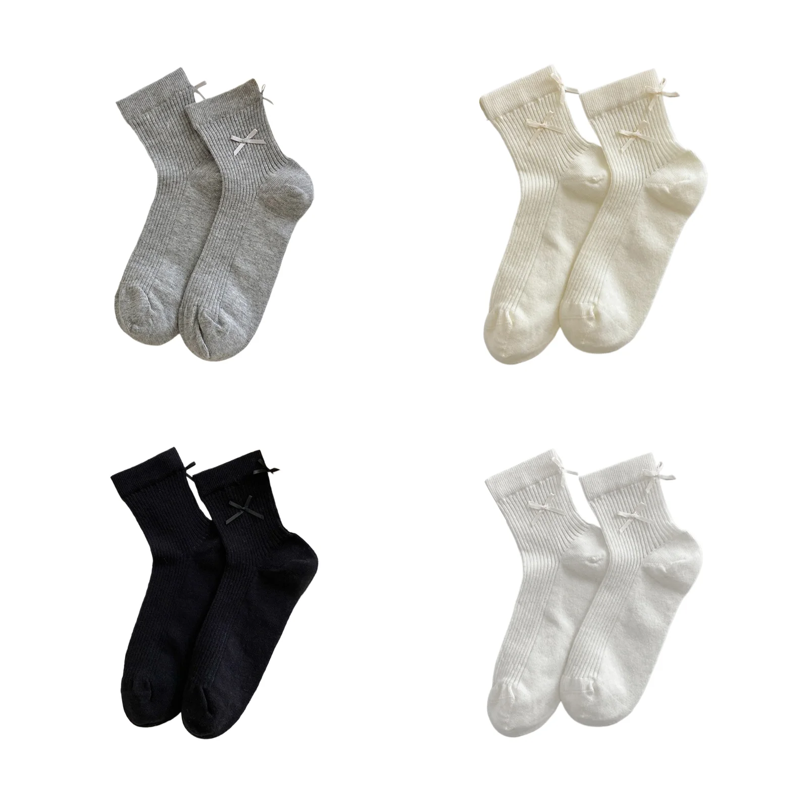 

Дышащие сетчатые носки с бантом, набор из 4 цветов (светло-серый/молочно-белый/черный/белый)