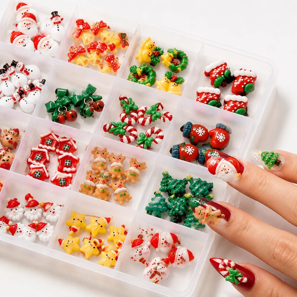 24 Grid Box 3D Xmas Nail Art Charms Multi‑Style Resin Candy Cane Sock Wreath Elk Flat Ornaments For DIY Manicure Accessories