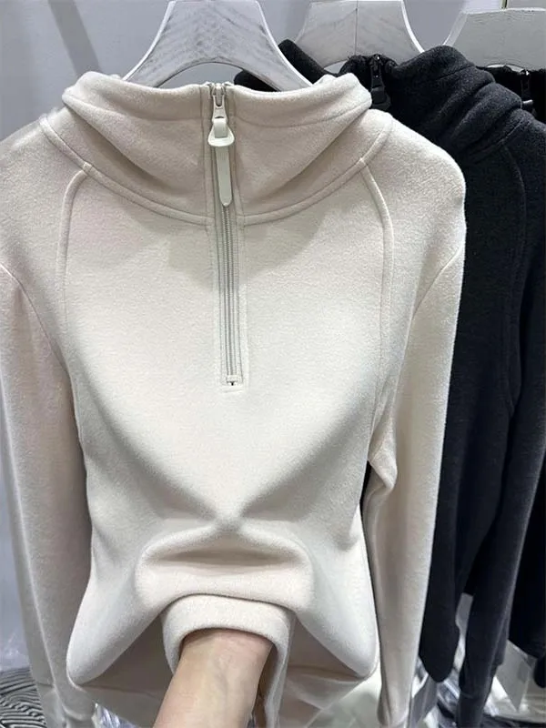 Deep ey Dubbelzijdige Fce Hoodie Dames Herfst Winter Casual Design Cartoon f Zip Base irt Top Loose Fit Polyester