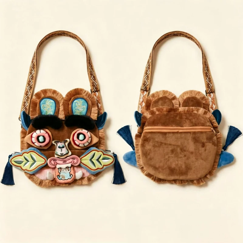 Chinese Traditional Tiger Face Crossbody Bag Creatively Handmade 3d Embroidered Tassel Decorated Ethnic Plush Shoulder Bag New